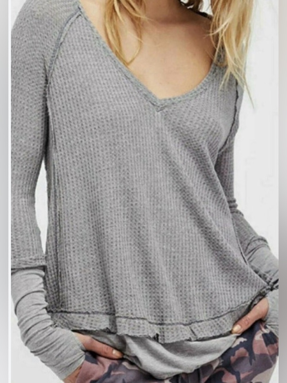 We The Free Free People Gray Waffle Knit Long Sleeve Top Oversized Size Large